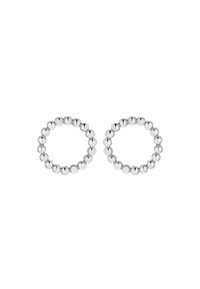 Orecchini a cerchio in argento con un design a perline, caratterizzati da sfere lisce e uniformi. Forma circolare con una superficie liscia e riflettente.