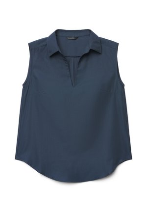 Blusa senza maniche blu scuro con colletto e scollo a V con spacco, orlo leggermente arrotondato e vestibilità ampia.