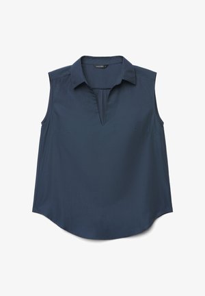 Blusa senza maniche blu scuro con colletto e scollo a V con spacco, orlo leggermente arrotondato e vestibilità ampia.