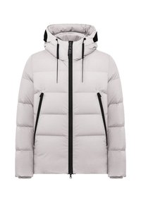 Helle graue Pufferjacke mit Kapuze, ausgestattet mit einem Frontreißverschluss, schwarzen Reißverschlussakzenten und zwei Seitentaschen. Glatte Textur und gestepptes Design.