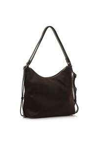 Borsa in suede nera con forma curva, tracolla in pelle e chiusura con zip. Presenta una texture liscia e un design minimalista.