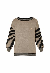 Pull doré et noir à coupe ample, avec une texture scintillante, des manches surdimensionnées, et un imprimé animal noir sur les manches.