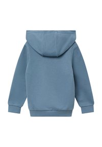 Achteraanzicht van een effen lichtblauwe hoodie met lange mouwen, ribgebreide manchetten en een capuchon, gepresenteerd op een witte achtergrond.