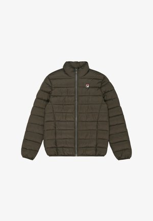 Grüne Puffjacke mit horizontalen Nähten, hohem Kragen und durchgehendem Reißverschluss. Verfügt über ein kleines Logopatch im linken Brustbereich.