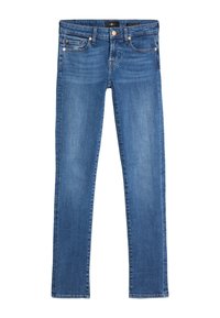 Blauwe spijkerbroek met een recht model, vijf zakken en messing hardware. Heeft een licht vervaagde wassing en gestikte details langs de naden.