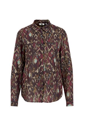 Chemise à manches longues et col, avec un motif floral et abstrait multicolore. Comprend des nuances de bourgogne, vert et crème sur un tissu léger.