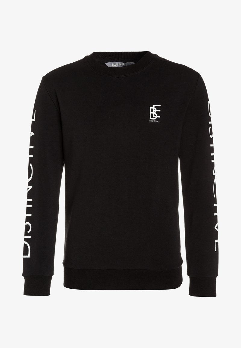 Musta crewneck-huppari, joka on valmistettu puuvillasekoitteesta. Rintamuksessa valkoisia logoja ja ylisuuri teksti molemmilla hihoilla. Pitkät hihat ja resorit.