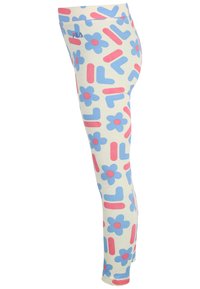 Leggings colorati in crema con fiori blu e forme geometriche rosse. Realizzati in tessuto morbido ed elasticizzato con una silhouette aderente.