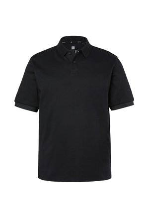 Polo negro de manga corta con cuello y tapeta de dos botones, exhibido sobre un fondo blanco.