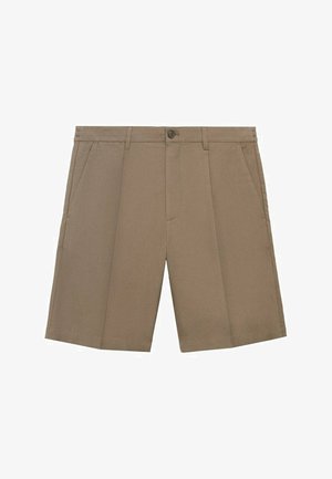 Shorts kaki cu un front plat, două buzunare laterale și o închidere cu un singur buton. Fabricate dintr-un material ușor, acestea au un design ajustat.