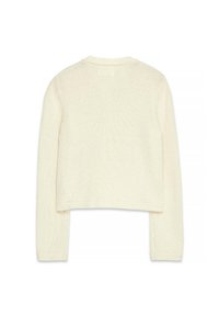 Cream-colored knitted sweater, cropped design, long sleeves, round neckline, textured fabric, with subtle detailing along the hem and cuffs.