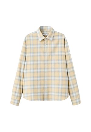 Károvaná košeľa s dlhým rukávom v pastelovo žltej farbe s modrými a bielymi kockami. Zapínanie na gombíky vpredu, golier a voľný strih. Mäkká textúra látky.