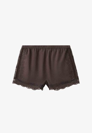 Pantalones cortos de satén marrón para dormir con ribete de encaje en los lados y el dobladillo, con cinturilla elástica y detalles delicados de cuentas.