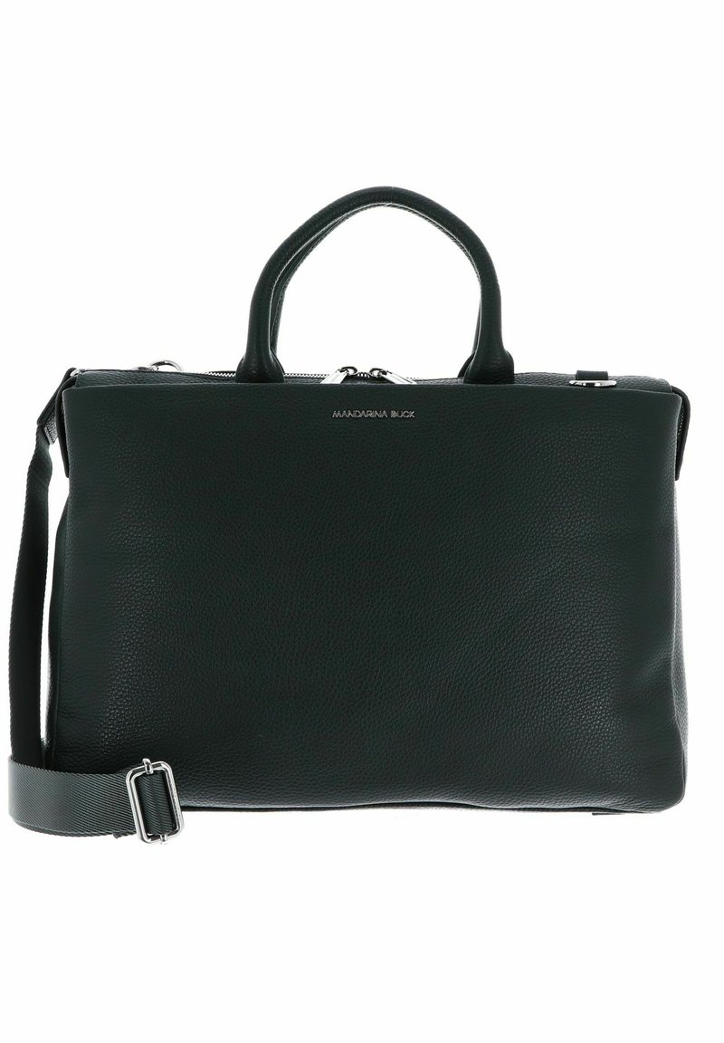 Sac à main en cuir vert avec une finition texturée, deux poignées supérieures, une bandoulière détachable et des accents en métal argenté. Design élégant et structuré.