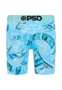 Plave bokserice s uzorkom novčanice, izrađene od mekog materijala s laganim sjajem. Elastična gumica s crnim "PSD" logotipom.