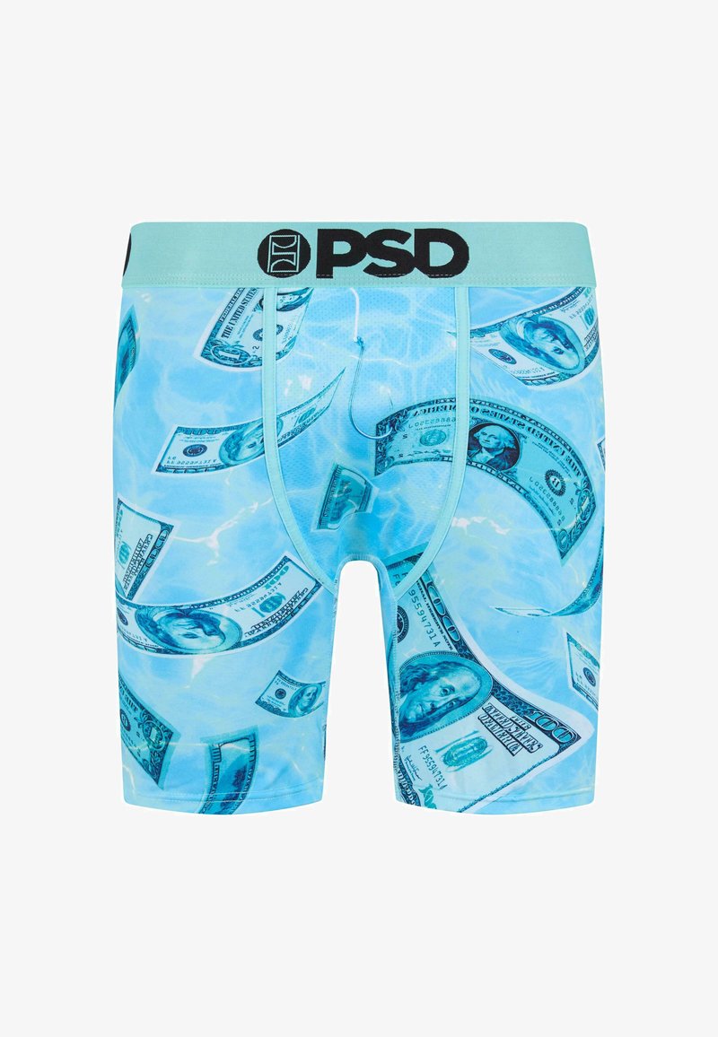Boxers bleus en tissu doux avec un imprimé de billets de dollar, présentant un léger éclat. Taille élastique avec le logo noir "PSD".