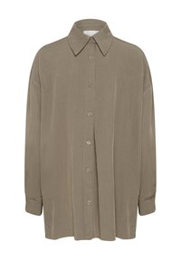 Long-sleeved beige shirt with a collar, featuring a front button closure, soft texture, and relaxed fit design.