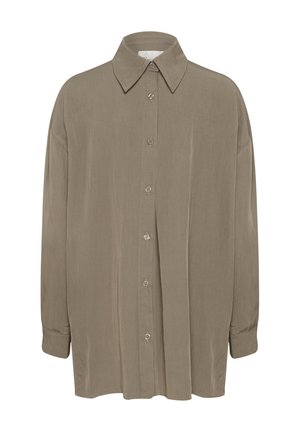 Camicia beige a maniche lunghe con colletto, caratterizzata da una chiusura frontale con bottoni, una texture morbida e un design dalla vestibilità rilassata.