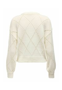 Pull en tricot cream avec un motif ajouré en forme de diamant et des poignets et ourlet côtelés, vu de l'arrière.