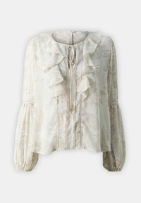 Blouse crème à manches longues avec motif paisley, encolure à volants, lien à l'avant et poignets élastiqués froncés sur fond uni.