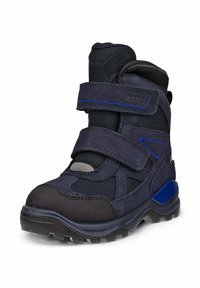 Donkerblauwe wandelschoen van mesh en suede, met twee klittenbandsluitingen, rubberen zool met grip en gevoerde enkel voor ondersteuning.