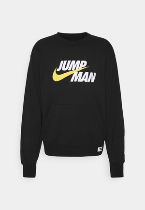 Schwarzer Sweatshirt mit Fronttasche und weißem "JUMP MAN"-Text über gelbem Swoosh-Logo auf der Brust, gerippte Bündchen und Saum.