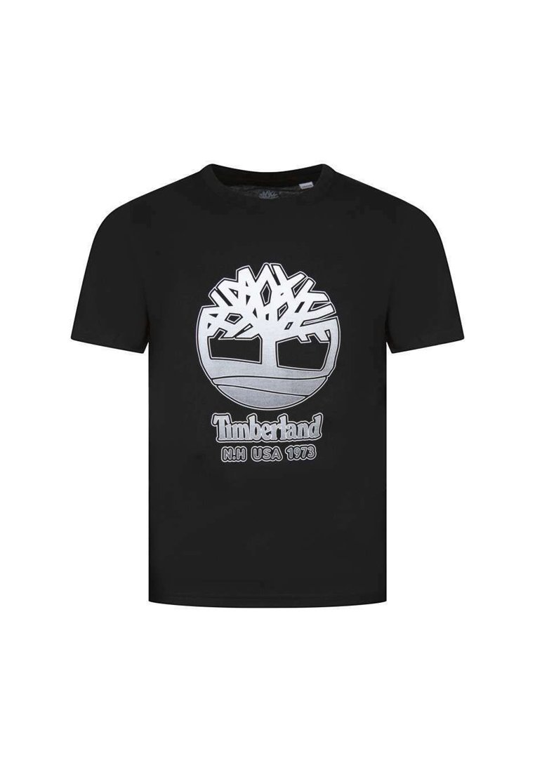 T-shirt en coton noir avec un graphique argenté représentant un logo d'arbre, accompagné du texte "Timberland" et "N.H. USA 1973" en dessous. Manches courtes et col rond.