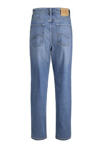 Bagfraudsigt af blå denimjeans med to baglommer og en brun Jack & Jones mærkepatch på linningen.