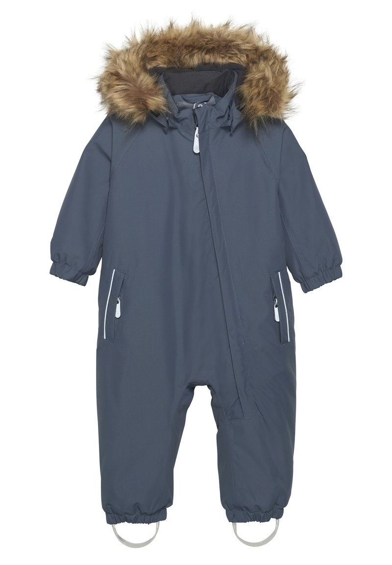 Navyblå isolerad snoverall med huva kantad av fuskpäls, elastiska mudd, två framfickor med dragkedja och fotremmar. Vattentåligt material.