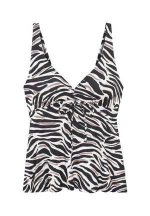 Sleeveless tank top with black, white, and beige zebra stripes, v-neckline, and a drawstring detail below the bust.