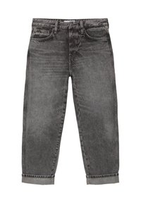 Jean en denim gris avec une coupe décontractée, taille haute, cinq poches et ourlets retroussés. La texture légèrement usée apporte une touche de style au design.