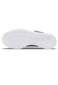White rubber sneaker sole with textured tread pattern. Features black accents on the edges and embossed logo. Flat, wide shape for stability.