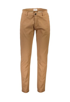 Beige Baumwollchinos mit geradem Schnitt, ausgestattet mit einem Reißverschluss und Knopfverschluss. Minimalistisches Design, keine sichtbaren Muster oder Verzierungen.