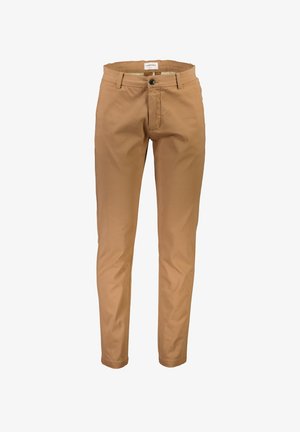 Beige Baumwollchinos mit geradem Schnitt, ausgestattet mit einem Reißverschluss und Knopfverschluss. Minimalistisches Design, keine sichtbaren Muster oder Verzierungen.