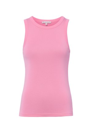 Różowy bawełniany top na ramiączkach bez rękawów, z okrągłym dekoltem i małą metką z tyłu, rozmiar mały.