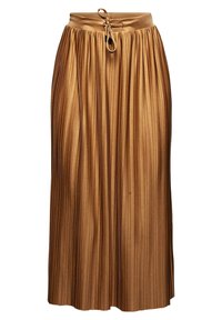Jupe midi plissée marron avec une large ceinture et une fermeture à cordon à l'avant, en tissu brillant.