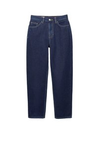 Jean bleu foncé coupe droite avec poches avant, passants pour ceinture et fermeture par bouton, présenté sur fond blanc.