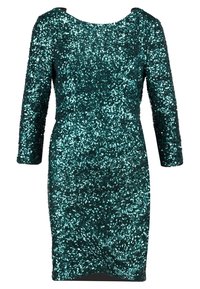 Tyrkysové šaty s flitry, dlouhými rukávy, kulatým výstřihem a přiléhavým střihem. Vyznačují se texturovaným povrchem s hustě umístěnými flitry.