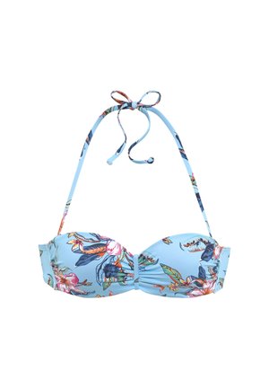 Hellblauer Bikini-Oberteil mit floralem Muster, trägerloser Design und Bindungen am Rücken und Hals; aus dehnbarem Material für hohen Tragekomfort.