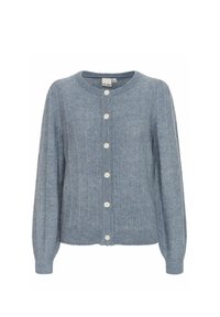 Mėlynas raukšlėtas kardiganas su apvalia iškirpte, ilgomis rankovėmis ir penkiais baltais mygtukais priekyje. Minkšta tekstūra ir laisvas siluetas.