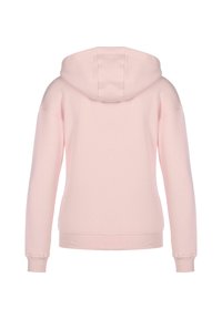Lys rosa hettegenser laget av myk fabric, med snorhette, lange ermer og ribbestrikkede mansjetter og nederkant. Vist bakfra.