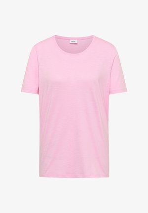 Jasnoróżowy t-shirt z krótkim rękawem, o okrągłym dekolcie, jednolitym wzorze i metką marki CECIL wewnątrz kołnierza.