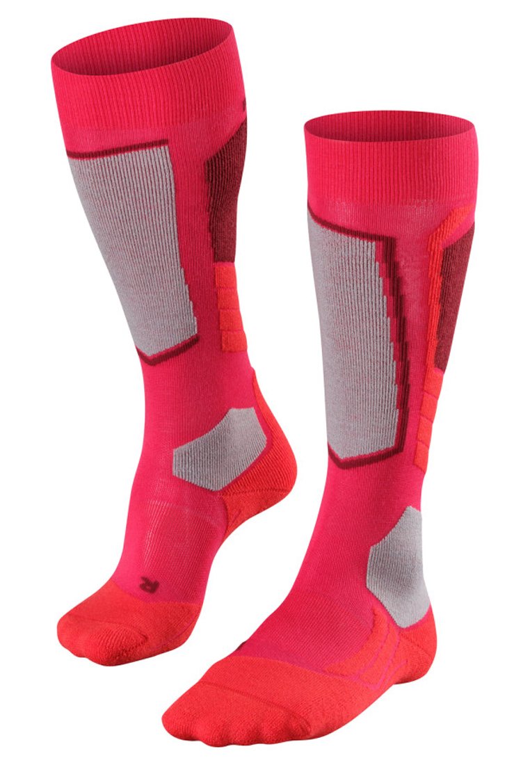 Calze alte fino al ginocchio di un brillante colore rosa con accenti grigi, caratterizzate da un design a motivi e aree testurizzate per grip e supporto.
