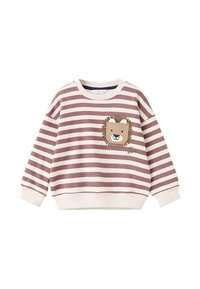 Maglione a righe in rosa tenue e crema, con applicazione di un leone sul petto. Tessuto morbido con una vestibilità comoda e polsini a costine.