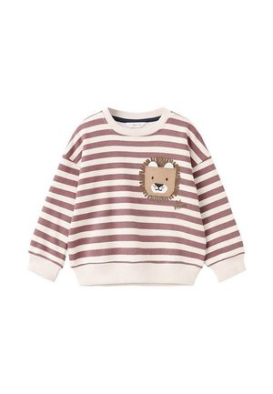 Pull rayé en rose pâle et crème, avec un appliqué de lion sur la poitrine. Tissu doux avec une coupe décontractée et des poignets côtelés.