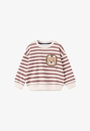 Maglione a righe in rosa tenue e crema, con applicazione di un leone sul petto. Tessuto morbido con una vestibilità comoda e polsini a costine.