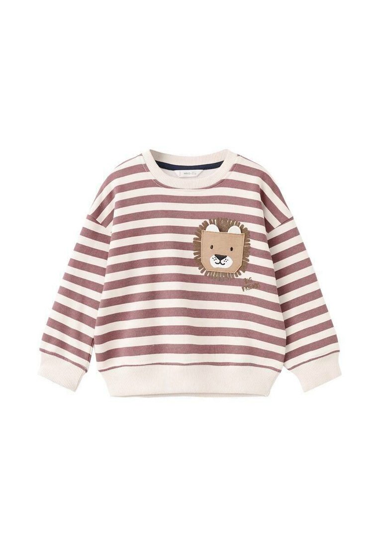Maglione a righe in rosa tenue e crema, con applicazione di un leone sul petto. Tessuto morbido con una vestibilità comoda e polsini a costine.
