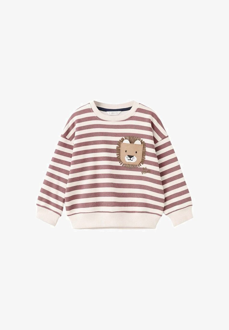 Prugasta jopica v utišanih roza in krem barvah, z aplikacijo leva na prsih. Mehka tkanina z sproščenim krojem in rebrastimi manšetami.