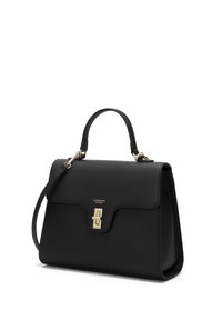 Black pebbled leather handbag with a structured shape, gold-tone hardware, a top handle, and a removable shoulder strap. Features a flap and latch closure.