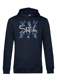 Felpa blu navy con diversi personaggi di Stitch in pose varie. Cappuccio con lacci, tasca anteriore a marsupio e polsini a costine.